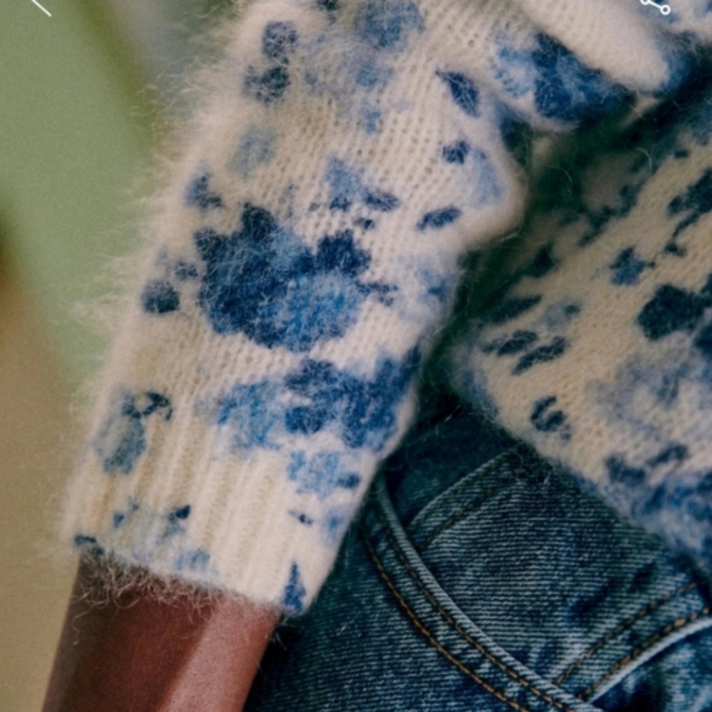 La Maille Sezane Lisette Cardigan wool Kid Mohair Blue Floral Scandi Luxury - Picture 2 of 12